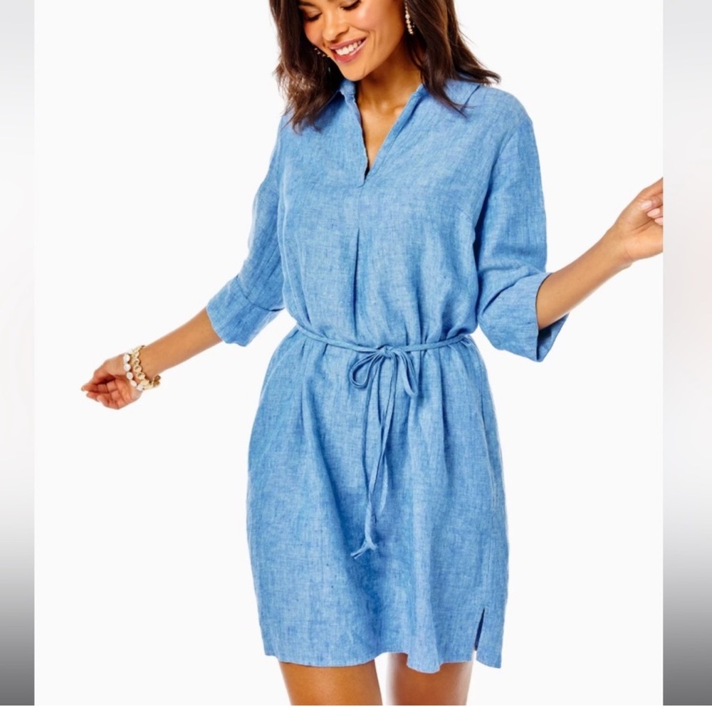Lilly Pulitzer Lilly Pilar Tunic Linen Beckon Blue Sea Salt Shirt Belt Dress XXS